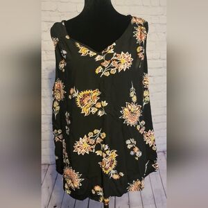 Old Navy Black Floral V-Neck Camisole with Orange and Yellow Accents